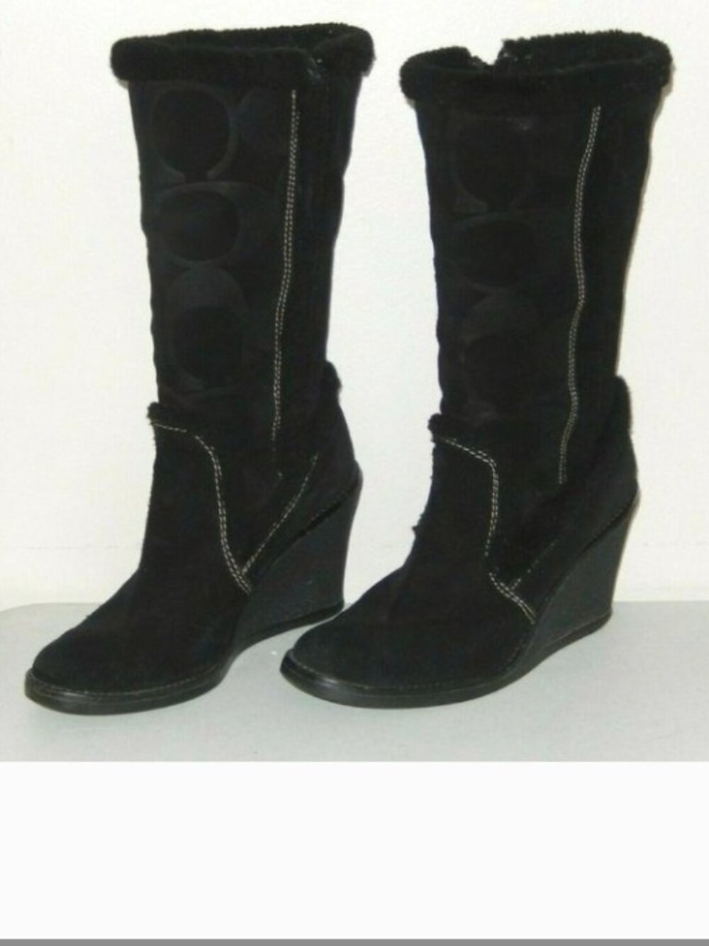 Coach Boots 6 Jordana Black Suede Signature Logo Shearling Trim Wedge Side Zip